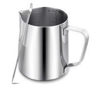 Milk Frother Jug,400ml/14oz Milk Jug with Latte Decorating Art Pen,Metal Barista Milk Frothing Pitcher Cup for Coffee Machine(Silver)