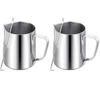 Milk Frother Jug Coffee Machine,350ml/12oz 304 Stainless Steel Milk Pitcher Cup with Decorating Pen,Metal Barista Accessories Cappuccino Latte and Espresso,Dishwasher Safe (Pack of 2)
