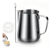 Milk Frother Jug & Latte Art Pen - 350ml Stainless Steel Barista Pitcher | 350ml capacity Precision spout Cool-touch handle Dishwasher safe 3-piece set Latte art pen included