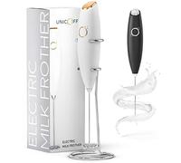 Milk Frother White - Coffee Frother Handheld with Electric Whisk - 19000 rpm - Book Recipes and Stainless Steel Stand Included - Hand Mixer Electric (White and Gold)