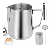 Milk Frothing Jug, 600ml/21oz 304 Stainless Steel Milk Frothing Pitcher Milk Jug with Powder Shaker Thermometer Latte Art Pen, Metal Frothing Jug Barista Accessories for Coffee Cappuccino Espresso