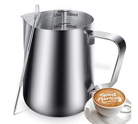 Milk Frothing Jug, Milk Frothing Pitcher Pouring Jug Espresso Cup with Measurement Inside 350ml/12OZ Stainless Steel Creamer Cup with Latte Art Pen for Making Coffee Cappuccino Hot Chocolate Machine