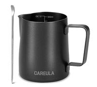 Milk Frothing Pitcher, 12oz Stainless Steel Milk Frother Cup Steaming Pitcher, Coffee Bar Cappuccino Espresso Machine Accessories Barista Tools, Metal Pitcher Milk Jug with Latte Art Pen, Matte Black