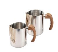 Milk Frothing Pitcher 2pcs 600/900ML Milk Frothing Pitcher with Precise Scale Wooden Handle Stainless Steel Latte Coffee Cup Coffeeware(Silver,600ml)