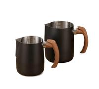 Milk Frothing Pitcher 2pcs 600/900ML Milk Frothing Pitcher with Precise Scale Wooden Handle Stainless Steel Latte Coffee Cup Coffeeware(Black,600ml)