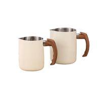 Milk Frothing Pitcher 2pcs 600/900ML Milk Frothing Pitcher with Precise Scale Wooden Handle Stainless Steel Latte Coffee Cup Coffeeware(White,600ml)