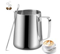 Milk Frothing Pitcher, 350ml/12oz Milk Jug for Coffee Machine, Stainless Steel Pitcher with Measurement Mark and Decorating Pen for Making Latte Art and Cappuccino, Suitable for Coffee Lovers, Silvery