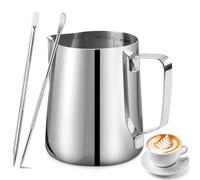 Milk Frothing Pitcher, 350ml/12oz Milk Jug for Coffee Machine, Stainless Steel Pitcher with Measurement Mark and 2Pcs Decorating Pen for Making Latte Art