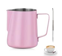 Milk Frothing Pitcher,Tianher Milk Jug Cup Stainless Steel Frothing Pitcher 350ml with Measurement and Latte Decorating Art Pen for Barista Making Coffee Cappuccino(Pink)