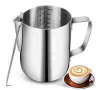 Milk Frothing Pitchers 12oz, Stainless Steel Espresso Steaming Pitchers with Decorating Pen Coffee Milk Frother Cup with Scale Cappuccino Latte Art Barista Steam Pitchers Milk Frother Cup