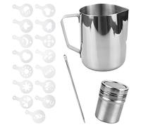 Milk Jug 600ml, Milk Jug for Coffee Machine, Powder Shaker with Lid, Pull Flower Moldan and Latte Art Pen Stainless Steel Milk Frothing Pitcher, for Hot Chocolate Cappuccino Coffee Latte Art Maker