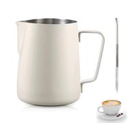 Milk Jug Stainless Steel,Tianher Milk Jug Cup Stainless Steel Frothing Pitcher 350ml with Measurement and Latte Decorating Art Pen for Barista Making Coffee Cappuccino(White)