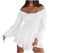 Milk Maid Dress Women UK Sale Long Sleeve Off Shoulder Dresses Ruffle Tiered Layered Chiffon Pleated A Line Swing Mini Dress Elegant Party Dress Boho Beach Holiday Dress Ladies Milkmaid Dresses White