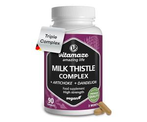 Milk Thistle High Strength 6000mg (3 Months) with Dandelion & Artichoke, High Dose, 80% Silymarin Extract, Natural Liver Cleanse Supplement, 90 Vegan Capsules. Vitamaze®