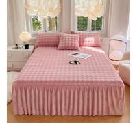 Milk Velvet Bed Skirt Ruffle Bedspread 3-Piece Set,Plush Washed Cotton Quilted Fitted Sheet with 2 Pillowcase,Soft Thick Warm Breathable Sheet Mattress Cover Suitable for Season