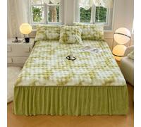 Milk Velvet Bed Skirt Ruffle Bedspread 3-Piece Set,Plush Washed Cotton Quilted Fitted Sheet with 2 Pillowcase,Soft Thick Warm Breathable Sheet Mattress Cover Suitable for Season