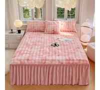 Milk Velvet Bed Skirt Ruffle Bedspread 3-Piece Set,Plush Washed Cotton Quilted Fitted Sheet with 2 Pillowcase,Soft Thick Warm Breathable Sheet Mattress Cover Suitable for Season