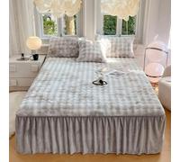 Milk Velvet Bed Skirt Ruffle Bedspread 3-Piece Set,Plush Washed Cotton Quilted Fitted Sheet with 2 Pillowcase,Soft Thick Warm Breathable Sheet Mattress Cover Suitable for Season