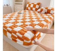 Milk Velvet Checkered Mattress Cover, Flannel Fitted Sheet,Ultra Soft Fluffy Non-Slip Protective Cover for Bed Mattress with Extra Deep Pocket,F,Twin: 90x200cm