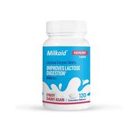 Milkaid Lactase Enzyme Chewable Tablets for Lactose Intolerance Relief, Prevents Gas, Bloating & Diarrhoea, Gluten Free & Vegan, Rasberry, 120 Count