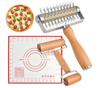 Milkary Set of 3 Pizza Kit Including Stainless Steel Pizza Dough Roller, Wooden Docker Rolling Pin and Non-slip Silicone Baking Mat, Dough Hole Maker for Cookie Pie Pastry Crust