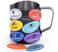 MilkID Milk Frothing Pitcher with 8 Allergen Silicone Snap-On Labels | Must-Have Barista Tool | Coffee Bar Accessories & Espresso Accessories Kit | (12oz / Black Pitcher + Labels)