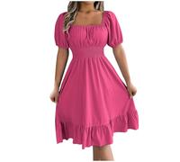 Milkmaid Dress Women Summer Ruffle Short Sleeve Square Neck Midi Dresses Elastic Waist Casual Shirred Dress Plain Oversized Dresses Solid Holiday Party Beach Dress Elegant Shift Milk Maid Dresses