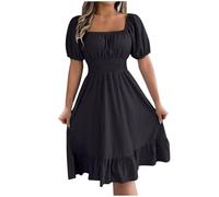 Milkmaid Dress Women Summer Ruffle Short Sleeve Square Neck Midi Dresses Elastic Waist Casual Shirred Dress Plain Oversized Dresses Solid Holiday Party Beach Dress Elegant Shift Milk Maid Dresses