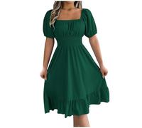 Milkmaid Dress Women Summer Ruffle Short Sleeve Square Neck Midi Dresses Elastic Waist Casual Shirred Dress Plain Oversized Dresses Solid Holiday Party Beach Dress Elegant Shift Milk Maid Dresses