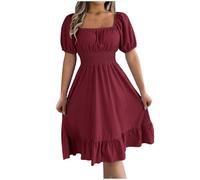 Milkmaid Dress Women Summer Ruffle Short Sleeve Square Neck Midi Dresses Elastic Waist Casual Shirred Dress Plain Oversized Dresses Solid Holiday Party Beach Dress Elegant Shift Milk Maid Dresses
