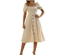 Milkmaid Dress Women UK Clearance Summer Ruffle Short Sleeve Midi Dresses Casual Shirred Dress Plain Button Oversized Dresses Solid Holiday Party Beach Dress Elegant Shift Milk Maid Sundress Khaki