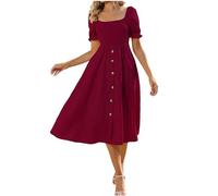 Milkmaid Dress Women UK Clearance Summer Ruffle Short Sleeve Midi Dresses Casual Shirred Dress Plain Button Oversized Dresses Solid Holiday Party Beach Dress Elegant Shift Milk Maid Sundress Wine