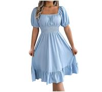 Milkmaid Square Neck Summer Dress - Ruffle Short Sleeve Midi with Elastic Waist, Casual Shirred Plain Oversized Holiday Party Beach Elegant Shift
