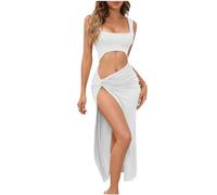 Milkmaid Sundress Women Sexy Sleeveless Maxi Dress High Split Hollow Out Milk Maid Dress Casual Beach Dress A-Line Strappy Square Neck Milk Maid Dresses Ladies Solid Sexy Sundresses Clearance White