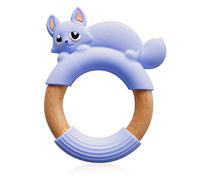 MilkMama Baby Teether Teething Toy Fox Ring, Natural Safe Beech Wood and BPA Free Wood Grade Silicone, Toddler Teething Relief Soother (Cornflower Blue)