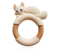 MilkMama Baby Teether Teething Toy Fox Ring, Natural Safe Beech Wood and BPA Free Wood Grade Silicone, Toddler Teething Relief Soother (Beige White)