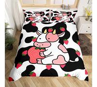 Milkshakes Cow Duvet Cover Set Single Size, Pink Cute Cattle and Strawberry Fruit Print Comforter Cover Kawaii Girly Style for Kids Girls Room, Milk Cow Skin Fur Pattern Quilt Cover, 1 Pillowcase