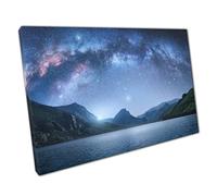 Milky Way Curved Night Moonlit Sky Over Stunning Lake And Mountainous Landscape Wall Art Print On Canvas Picture For Home Office Decor 91x61cm (36x24In)