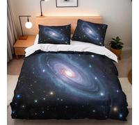 Milky Way Galaxy Bedding Set 200x200 cm with 2 Pillow Cases 50x75 cm 3D Printing Stars Galaxy Duvet Cover Double Microfibre Zip Corner Straps Non-Slip Design Comforter Cover for Bedroom All Seasons
