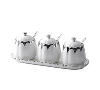 Milky Way Set of 3 Ceramic Condiment Pots Sugar Bowl,Porcelain Sugar Holder with 1Tray, Lid and Spoon Salt Container Modern Seasoning Jars for Counter Home and Kitchen (White silver)