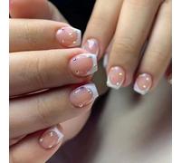 Milky White French Press on Nails with Rhinestone Accents - 24PCS Short Square Glossy False Nails, Nude Pink Base Stick On Design with Diamond Details for Daily and Elegant Art Looks