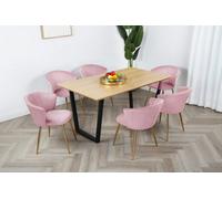 Mill Dining Set -Oak-Effect Table With 4 Pink Velvet Chairs & Gold Legs