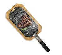 Millarco Reversible Cast Iron Pan with FSC Certified Beech Wood Tray, 33 x 16.5 cm, Removable Handle, Double-Sided for Versatile Cooking, LFGB Approved, Black