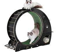 MilleLoom 4-in-1 Cat Running Wheel, Large Cat Treadmill,Large Quiet Exercise Wheel with Scratching Pad & Play Roller,Stable Wood Base for Indoor Cats