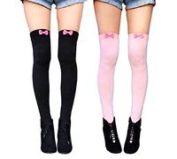Millennials In Motion 2-Pack Kawaii Thigh High Socks Pink Bow Lolita Over The Knee Black Heart Cutecore Lingerie Fluffy Leg Warmer Warm Kpop Stockings Cute Long Anime Tights