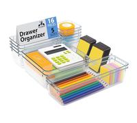 Millennium Store 16 Pack Clear Drawer Organiser Trays - Stackable Plastic Storage Boxes - Ideal for Kitchen, Office, Bathroom, Makeup organiser & Desk Drawer Organiser