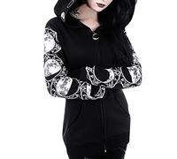 millenniums Gothic Punk Zipper Hoodie Cardigan Jacket for Women, Ladies Teen Girls Long Hoodie Hooded Vintage Gothhic Print Sweatshirt Coat Outerwear Tops Plus Size Xmas Gifts for Women,Black,S