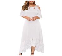 millenniums Ladies Dresses, Women's Elegant A Line Lace Ruffle Short-Sleeved Long Dress Chiffon Plus Size Mother of The Bride Dresses Lace Dresses for Women (White,3XL)