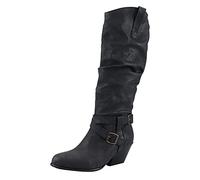 millenniums Womens Mid Calf Boots Shoes Ladies Platform Wedge Slip on Round Toe Cross Buckles Square Heel Closed Toe Middle Tube Boot Casual Booties (Black,UK 5.5)