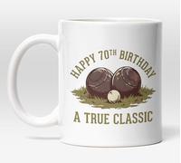 Millhouse Prints 70th Birthday Lawn Bowls Theme, Gift for Bowlers, Ceramic Mug, 11 Fluid Ounces, White, Dishwasher and Microwave Safe,